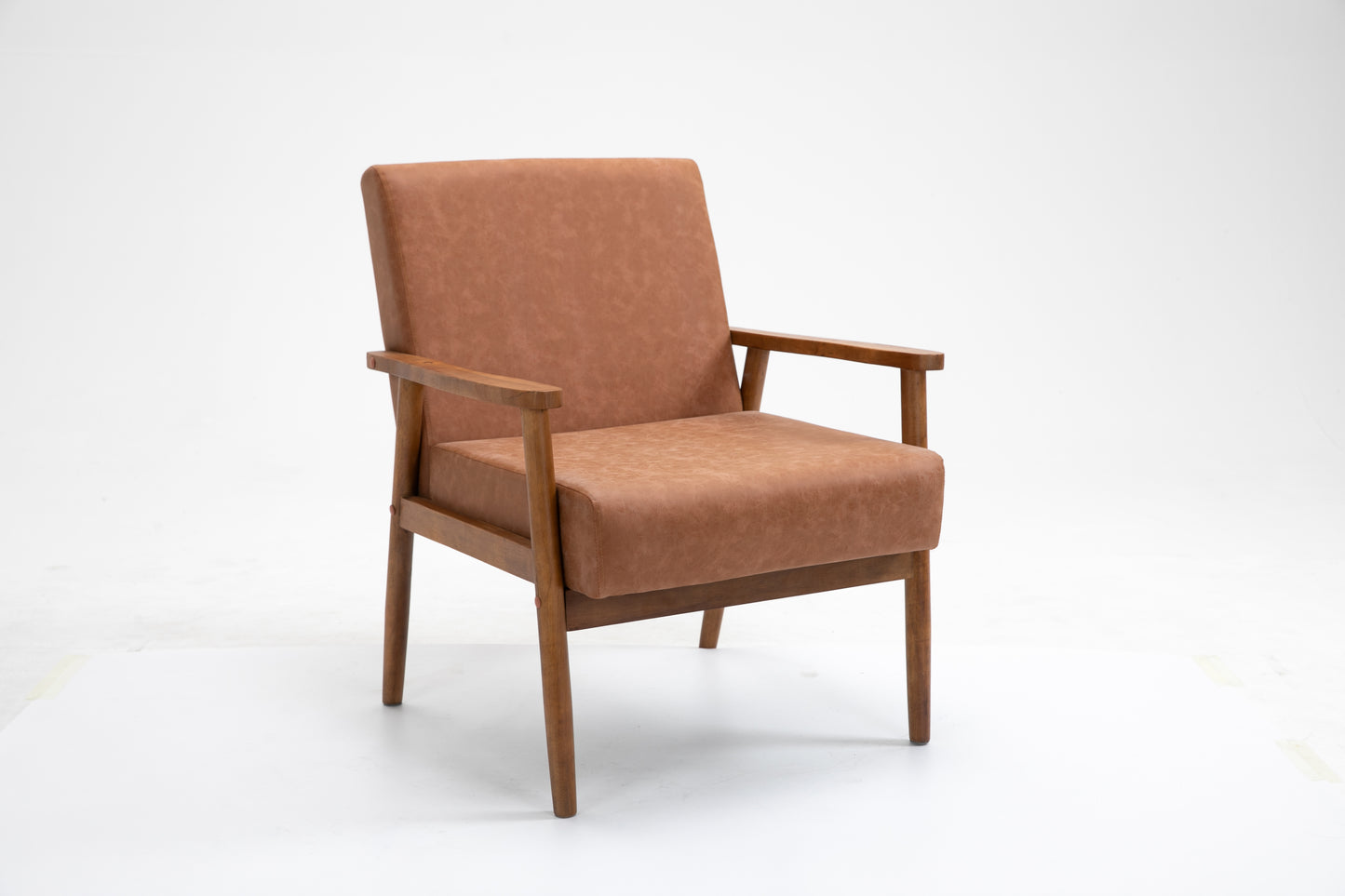 Solid wood vegan leather armchair - Brown