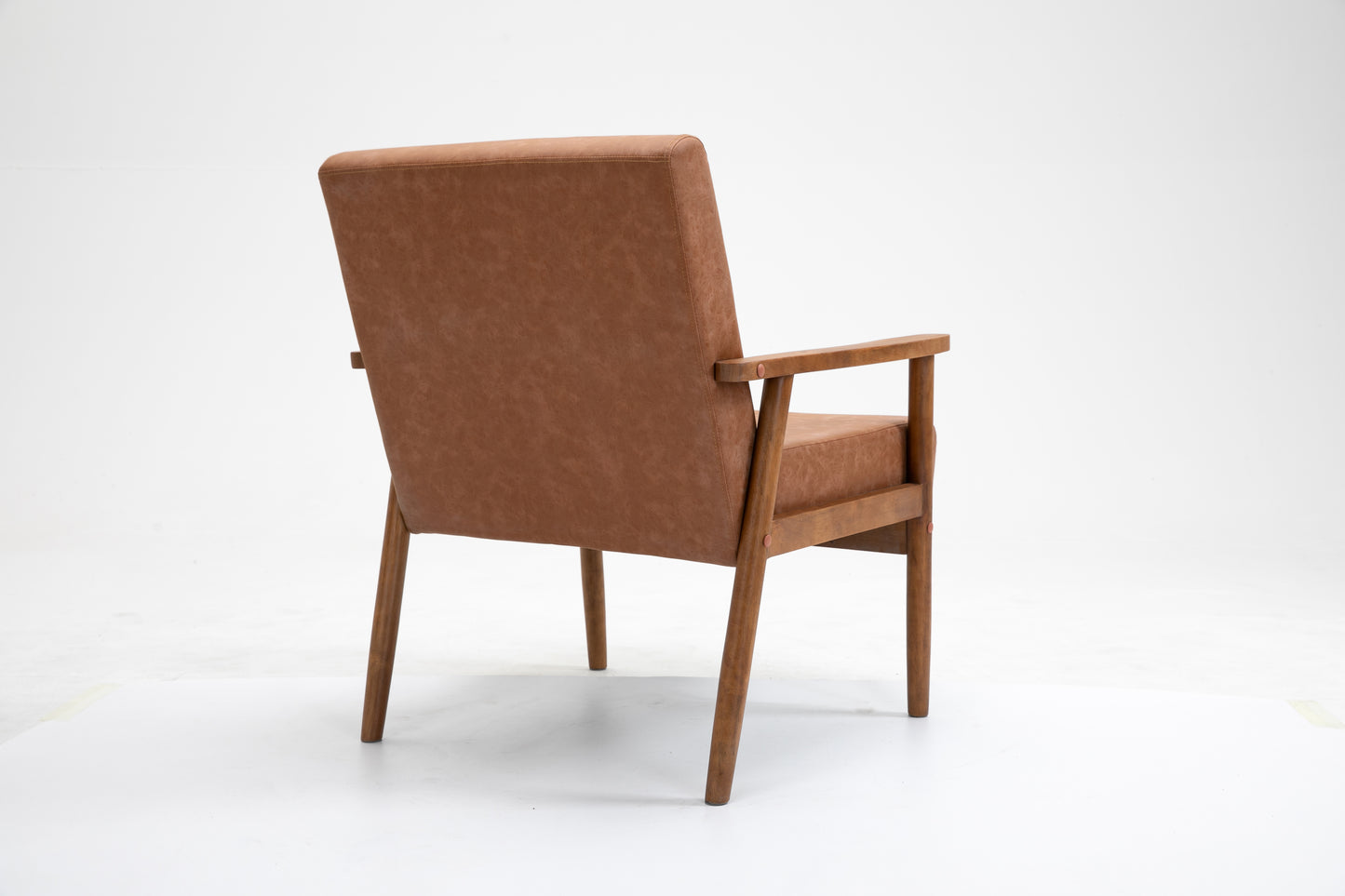 Solid wood vegan leather armchair - Brown