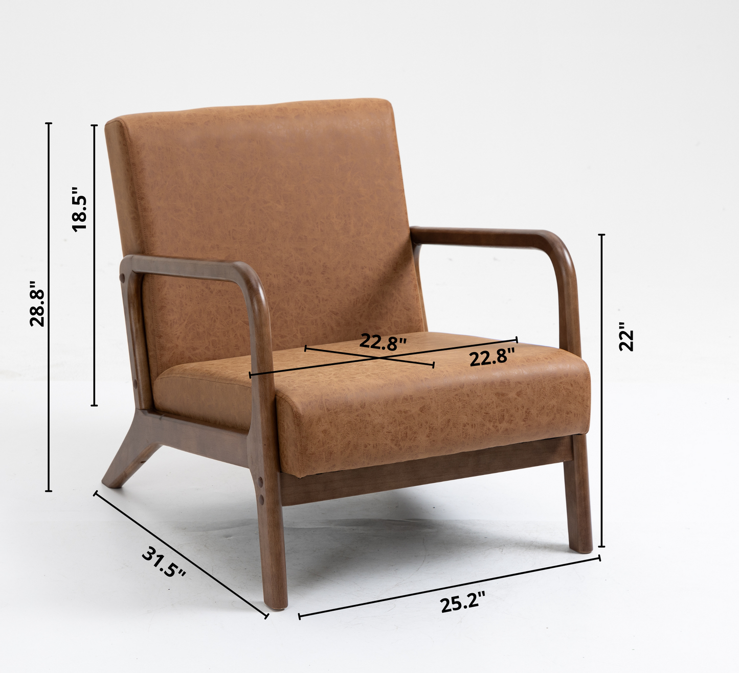 Solid wood vegan leather lounge chair with curved arms  - Brown