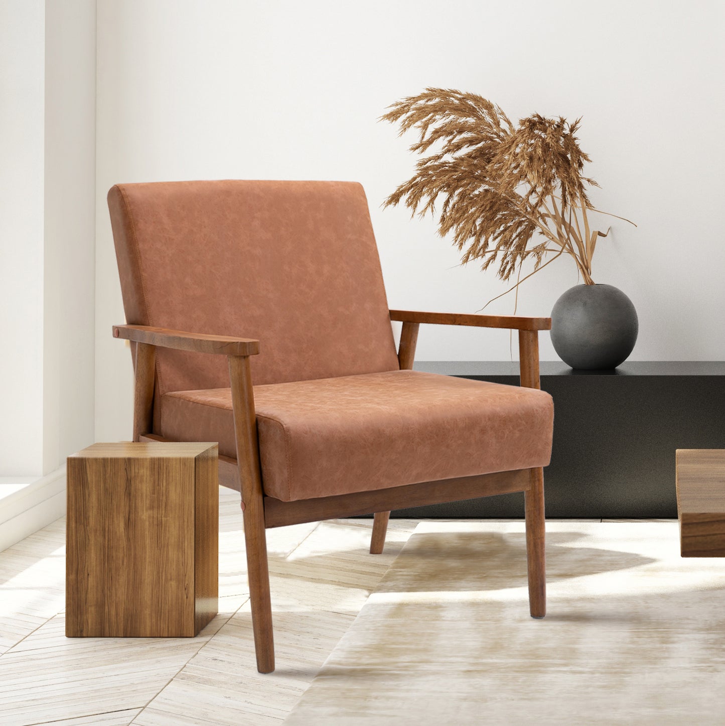 Solid wood vegan leather armchair - Brown