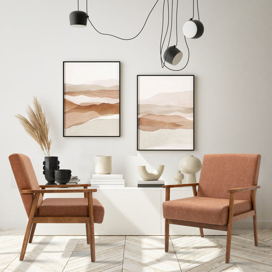 Solid wood vegan leather armchair set of 2 - Brown